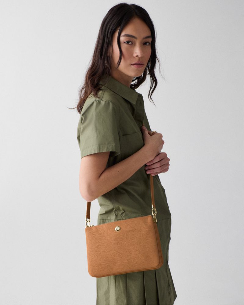 Kate Spade,Kayla Small Triple Compartment Crossbody,Calfskin Leather,Crossbody,Logo,Metal,Gold Metal,Casual,Brown