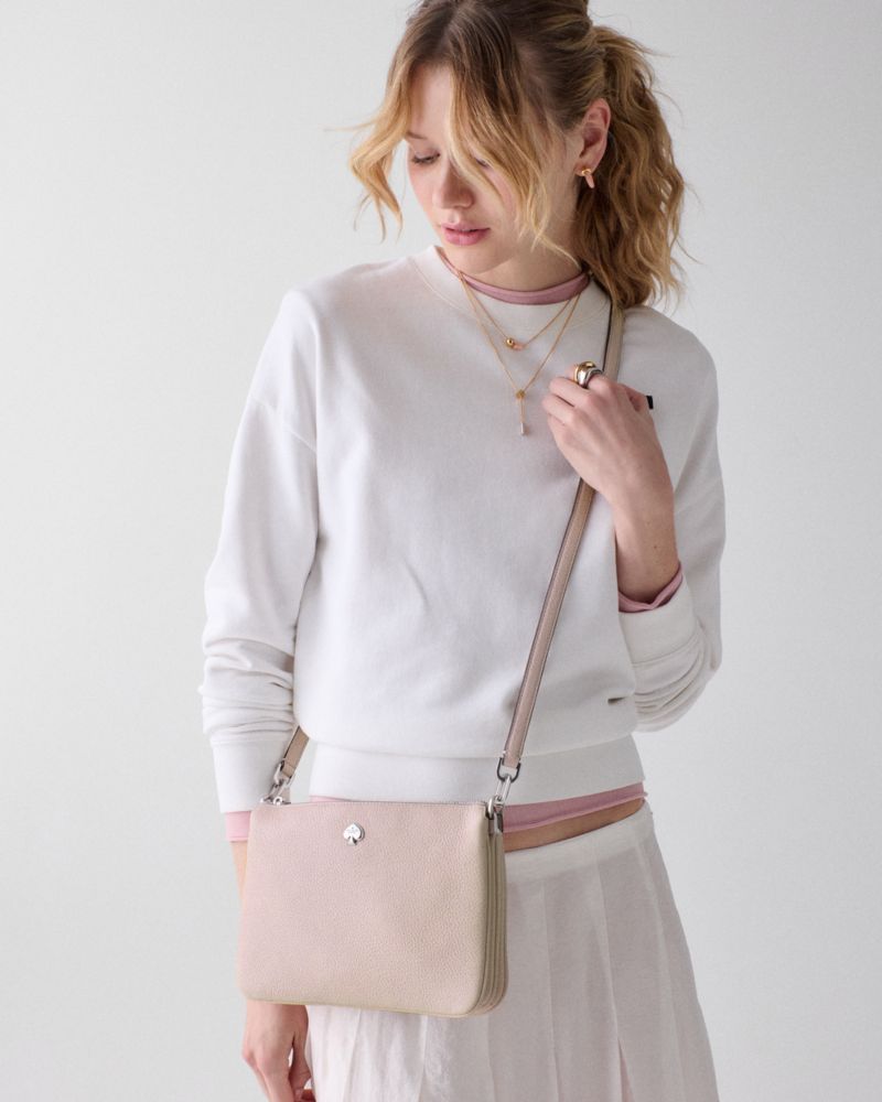 Kate Spade,Kayla Small Triple Compartment Crossbody,Leather,Crossbody,Logo,Metal,Gold Metal,Casual,Pink