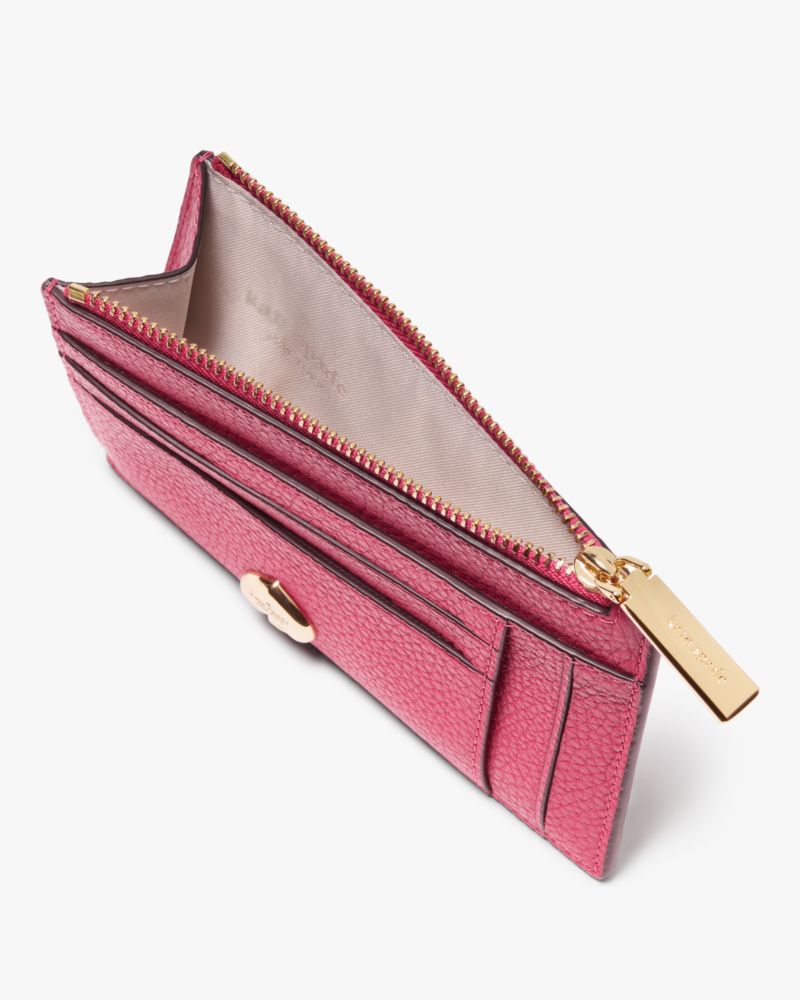 Kate Spade,Kayla Large Slim Cardholder,Calfskin Leather,Coin,Card Case,Metal,Logo,Casual,Fuchsia