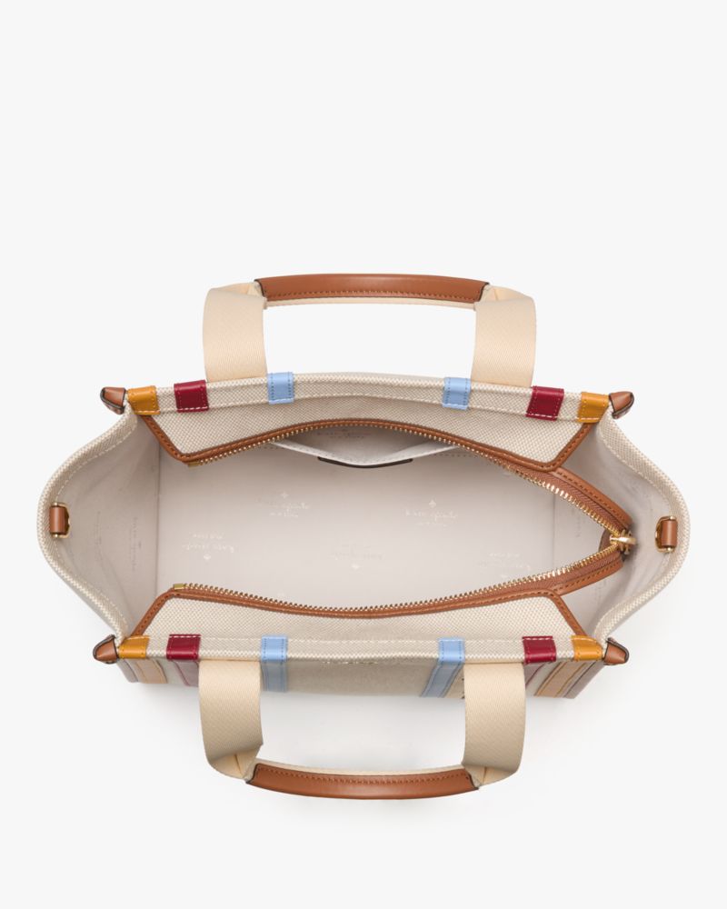 Kate Spade,Kip Stripe Small Tote,Lining Canvas,Leather,Canvas,Tote,Logo,Word Embellishment,Stripe,Compact,Lined,Adjustable...,Beige