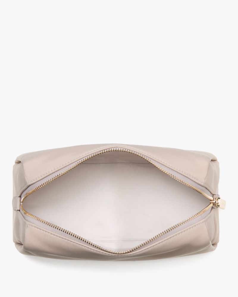 Kate Spade,Carter Nylon Cosmetic Pouch,Nylon,Makeup Bag,Metal,Logo,Gold Metal,Day Party,Travel,Beige