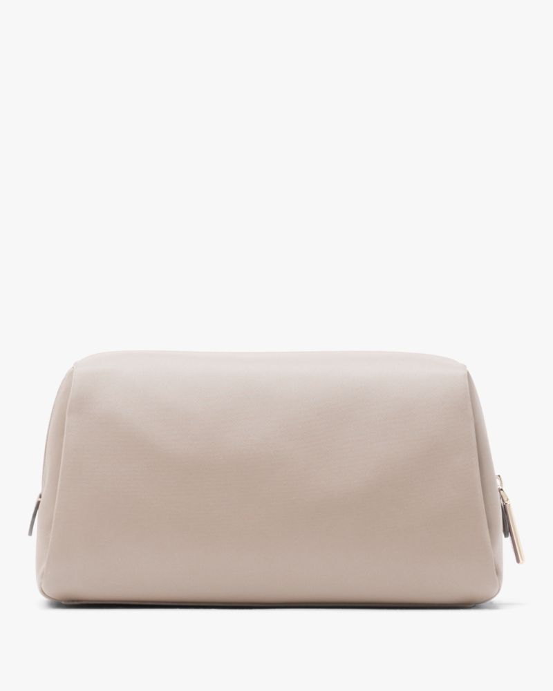 Kate Spade,Carter Nylon Cosmetic Pouch,Nylon,Makeup Bag,Metal,Logo,Gold Metal,Day Party,Travel,Beige