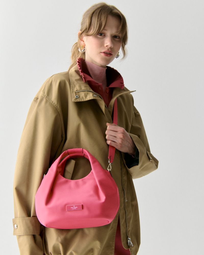 Kate Spade,Carter Nylon Small Pleated Crossbody,Nylon,Crossbody,Metal,Logo,Gold Metal,Casual,Pink