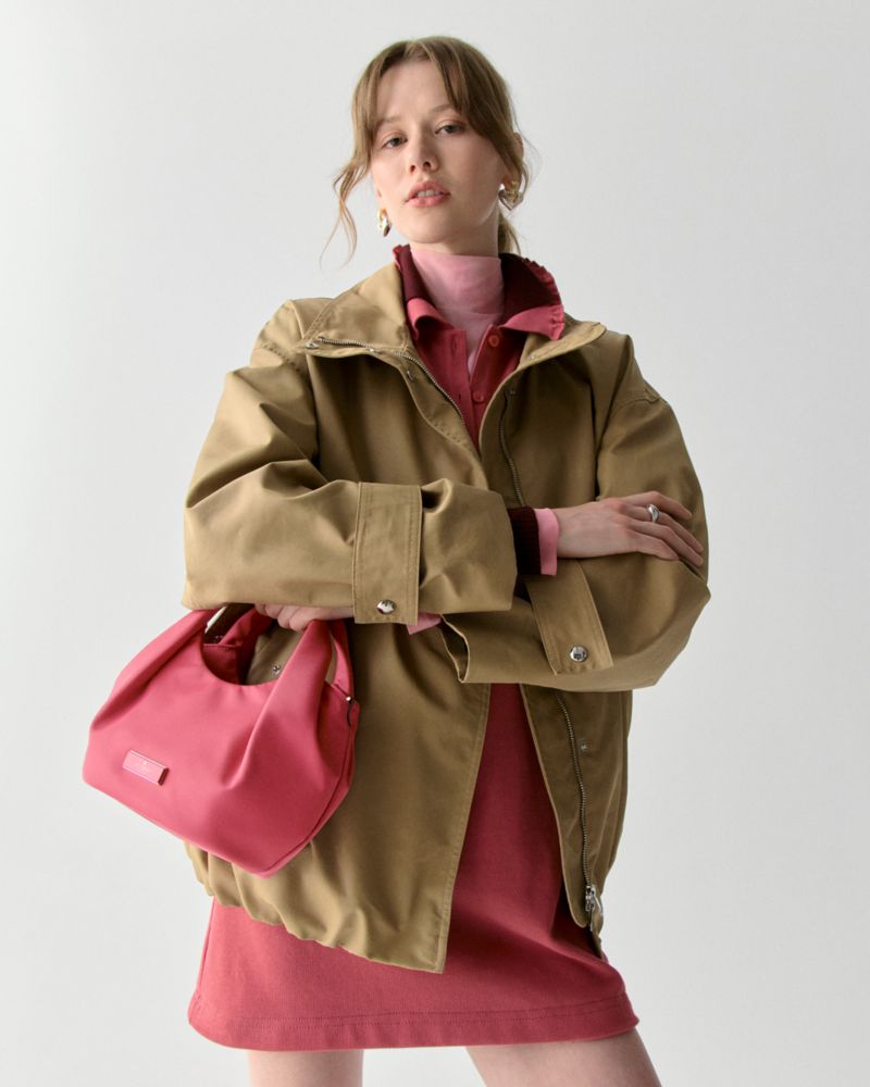 Kate Spade,Carter Nylon Small Pleated Crossbody,Nylon,Crossbody,Metal,Logo,Gold Metal,Casual,Pink