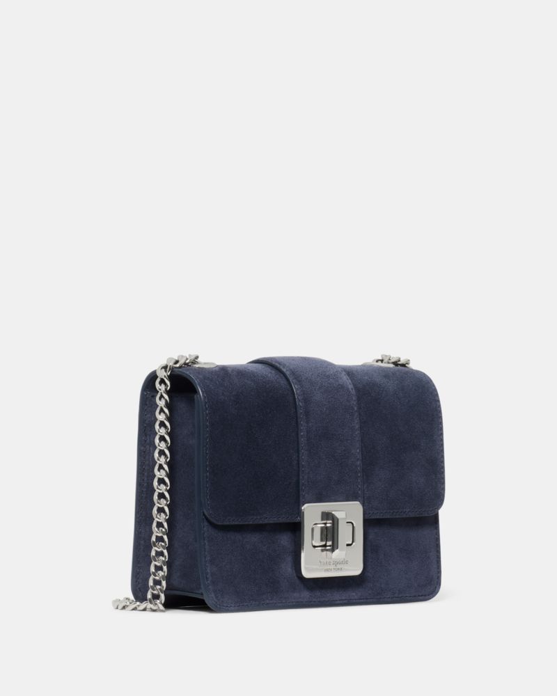 Kate Spade,Phoebe Suede Turnlock Mini Flap Crossbody,Suede,Crossbody,Mesh,Compact,Gold Metal,Day Party,Navy