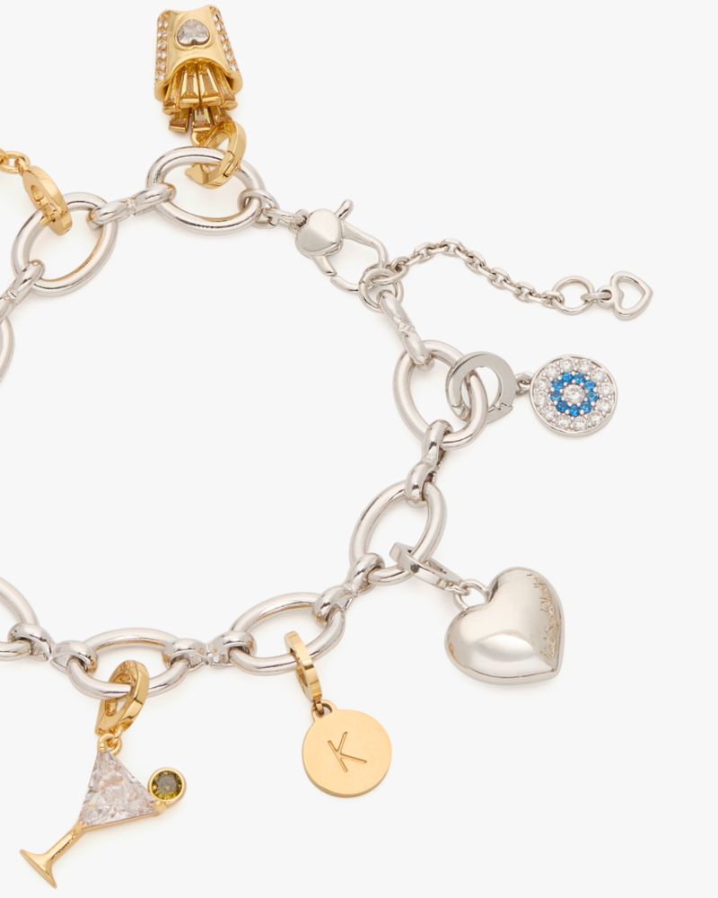 Kate Spade,One In A Million Chain Charm Bracelet,Metal Material,Logo,Heart Embellishment,Casual,Clear