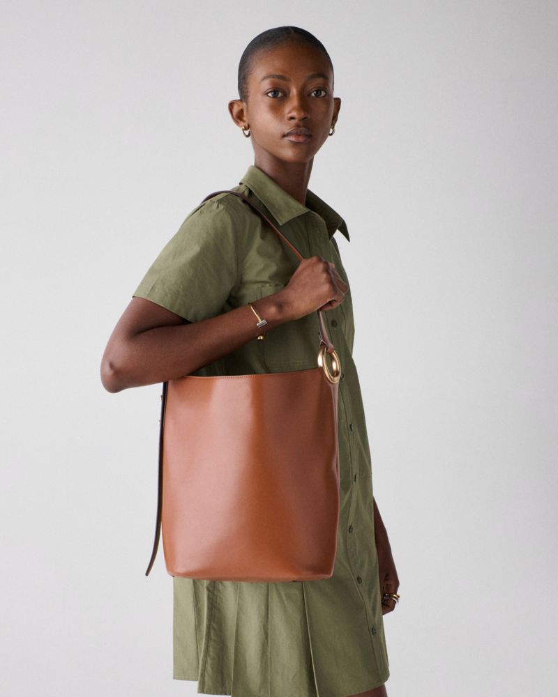 Kate Spade,Halo Bucket Bag,Lining Canvas,Leather,Canvas,Bucket,Logo,Metal,Embellished,Circle,Adjustable,Lined,Silver Metal...,