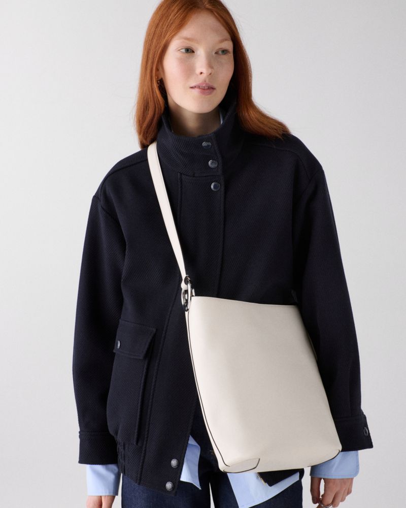 Kate Spade,Halo Bucket Bag,Lining Canvas,Leather,Canvas,Bucket,Logo,Metal,Embellished,Circle,Adjustable,Lined,Silver Metal...,