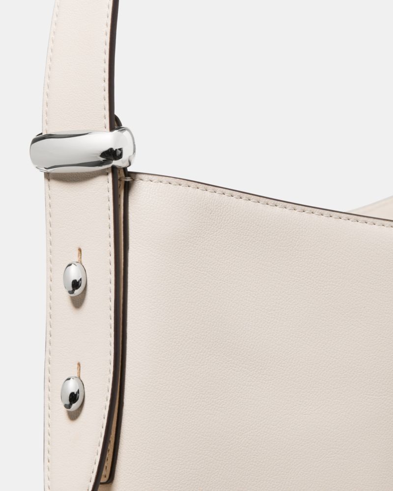 Kate Spade,Halo Bucket Bag,Lining Canvas,Canvas,Leather,Bucket,Circle,Logo,Embellished,Metal,Lined,Adjustable,Silver Metal...,Cream