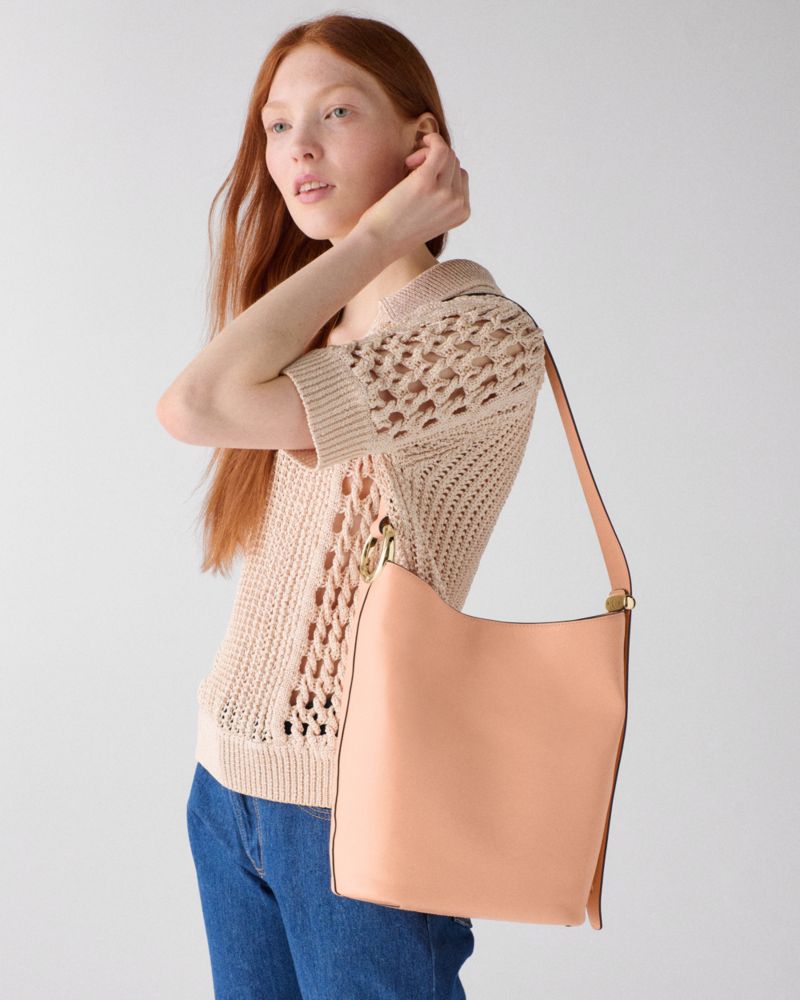 Kate Spade,Halo Bucket Bag,Lining Canvas,Leather,Canvas,Bucket,Logo,Metal,Embellished,Circle,Adjustable,Lined,Silver Metal...,