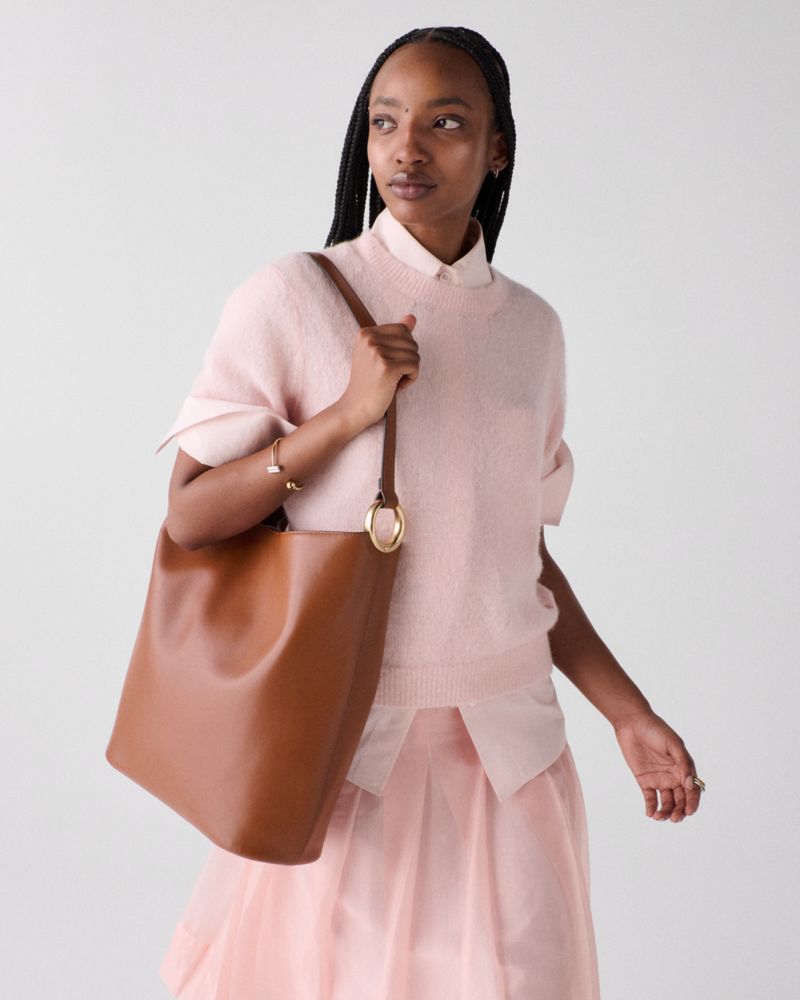 Kate Spade,Halo Large Bucket Bag,Lining Twill,Twill,Leather,Bucket,Hobo,Metal,Circle,Logo,Adjustable,Lined,Silver Metal,Ca...,