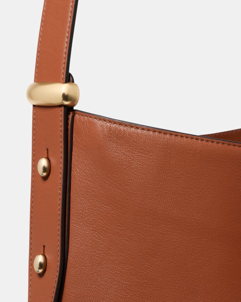 Kate Spade,Halo Large Bucket Bag,Lining Twill,Twill,Leather,Bucket,Hobo,Metal,Circle,Logo,Adjustable,Lined,Silver Metal,Ca...,Brown