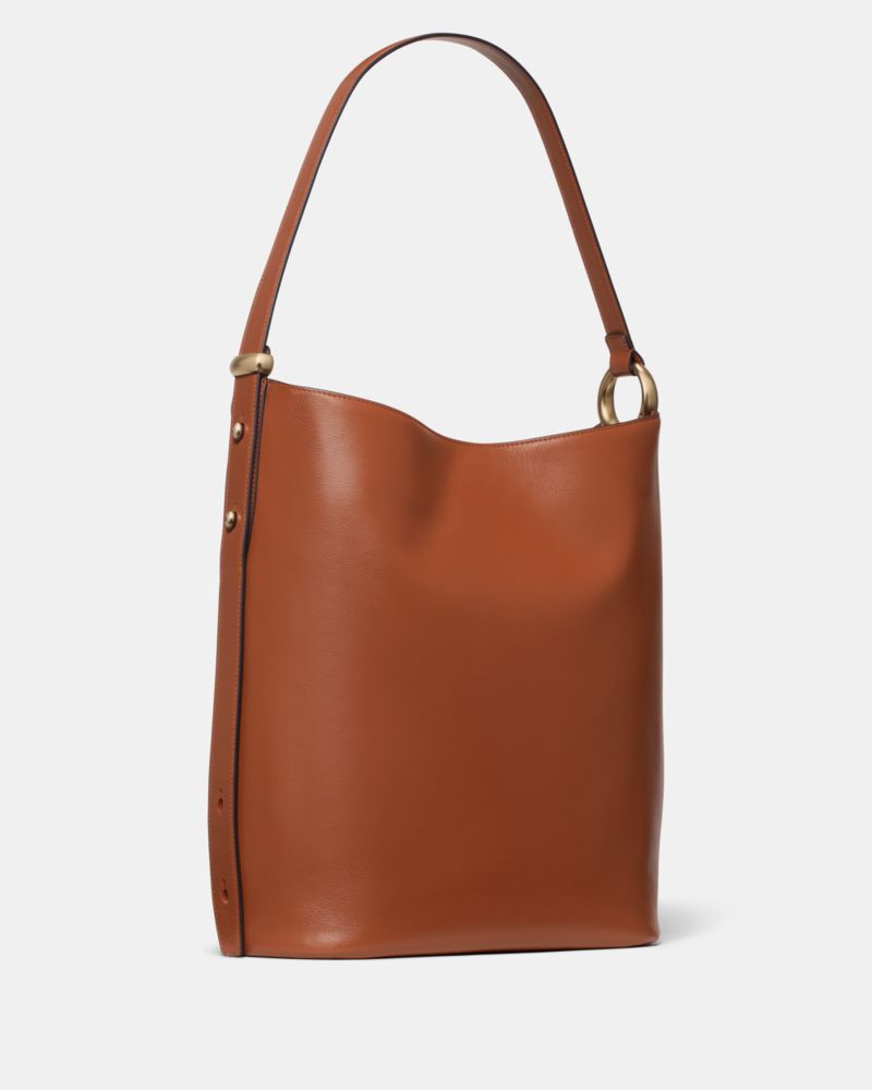 Kate Spade,Halo Large Bucket Bag,Lining Twill,Twill,Leather,Bucket,Hobo,Metal,Circle,Logo,Adjustable,Lined,Silver Metal,Ca...,