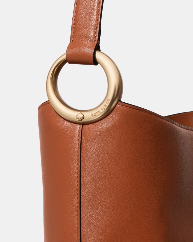 Kate Spade,Halo Large Bucket Bag,Lining Twill,Twill,Leather,Bucket,Hobo,Metal,Circle,Logo,Adjustable,Lined,Silver Metal,Ca...,