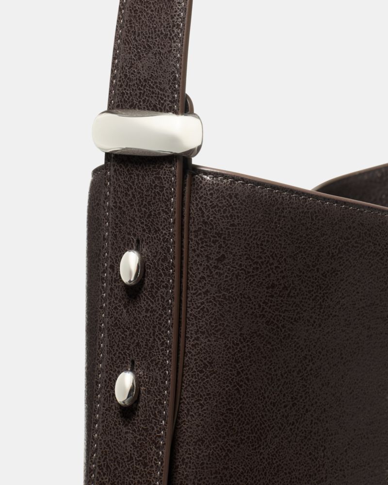 Kate Spade,Halo Glazed Leather Bucket Bag,Lining Twill,Mixed Media,Leather,Twill,Bucket,Hobo,Embellished,Circle,Metal,Adju...,Brown