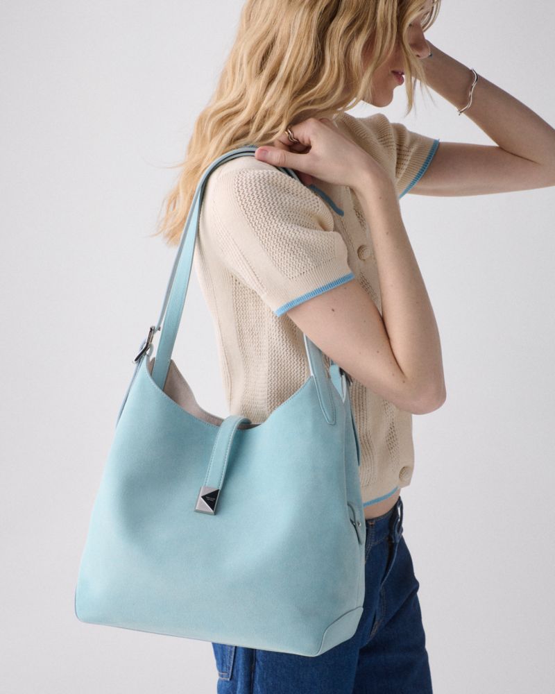 Kate Spade,Deco Suede Large Shoulder Bag,Suede,Leather,Hobo,Logo, Silver Embellishment,Adjustable,Water Repellent,Gold Met...,Blue