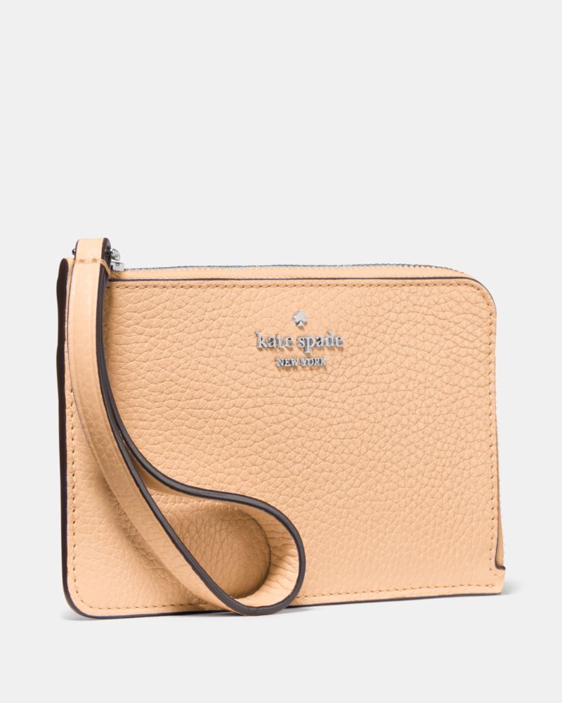 Kate Spade,Lucy Small Card Holder Wristlet,Leather,Coin,Wristlet,Card Case,Logo,Metal,Casual,Beige