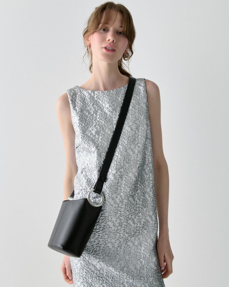 Kate Spade,Halo Mini Bucket Bag,Leather,Bucket,Embellished,Metal,Circle,Compact,Lined,Adjustable,Silver Metal,Day Party,Black