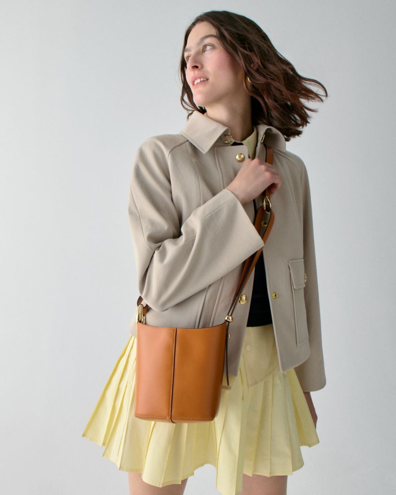 Kate Spade,Halo Mini Bucket Bag,Leather,Bucket,Embellished,Metal,Circle,Compact,Lined,Adjustable,Silver Metal,Day Party,Brown