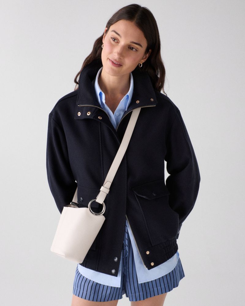 Kate Spade,Halo Mini Bucket Bag,Leather,Bucket,Embellished,Metal,Circle,Compact,Lined,Adjustable,Silver Metal,Day Party,