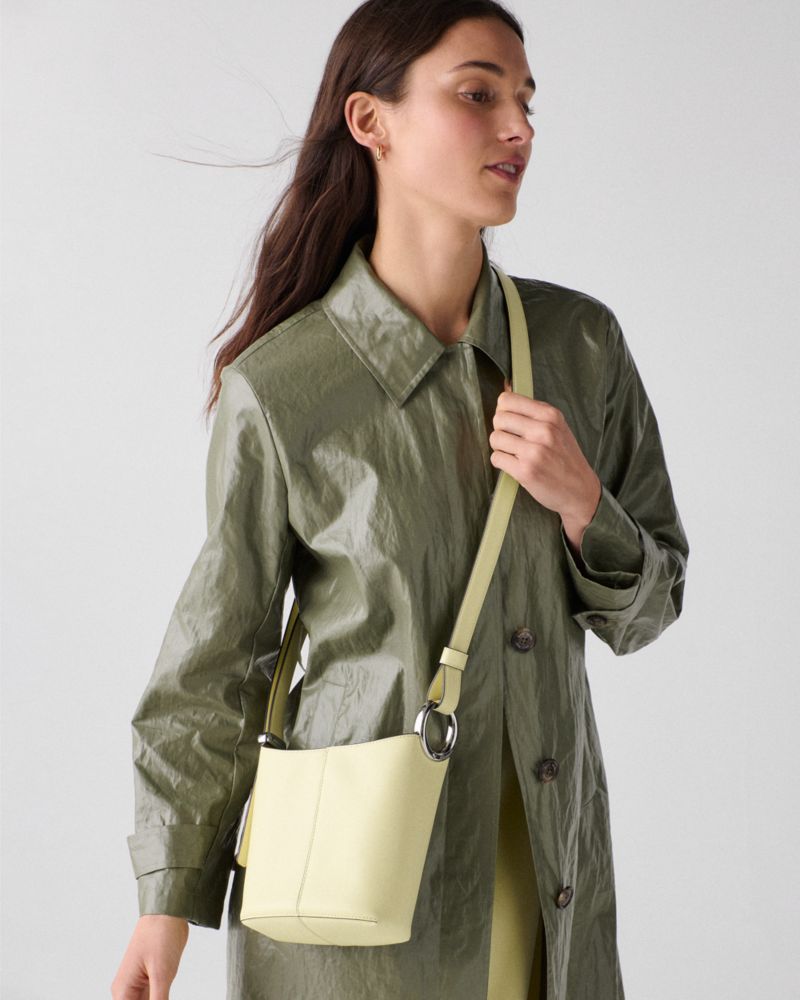 Kate Spade,Halo Mini Bucket Bag,Leather,Bucket,Embellished,Metal,Circle,Compact,Lined,Adjustable,Silver Metal,Day Party,