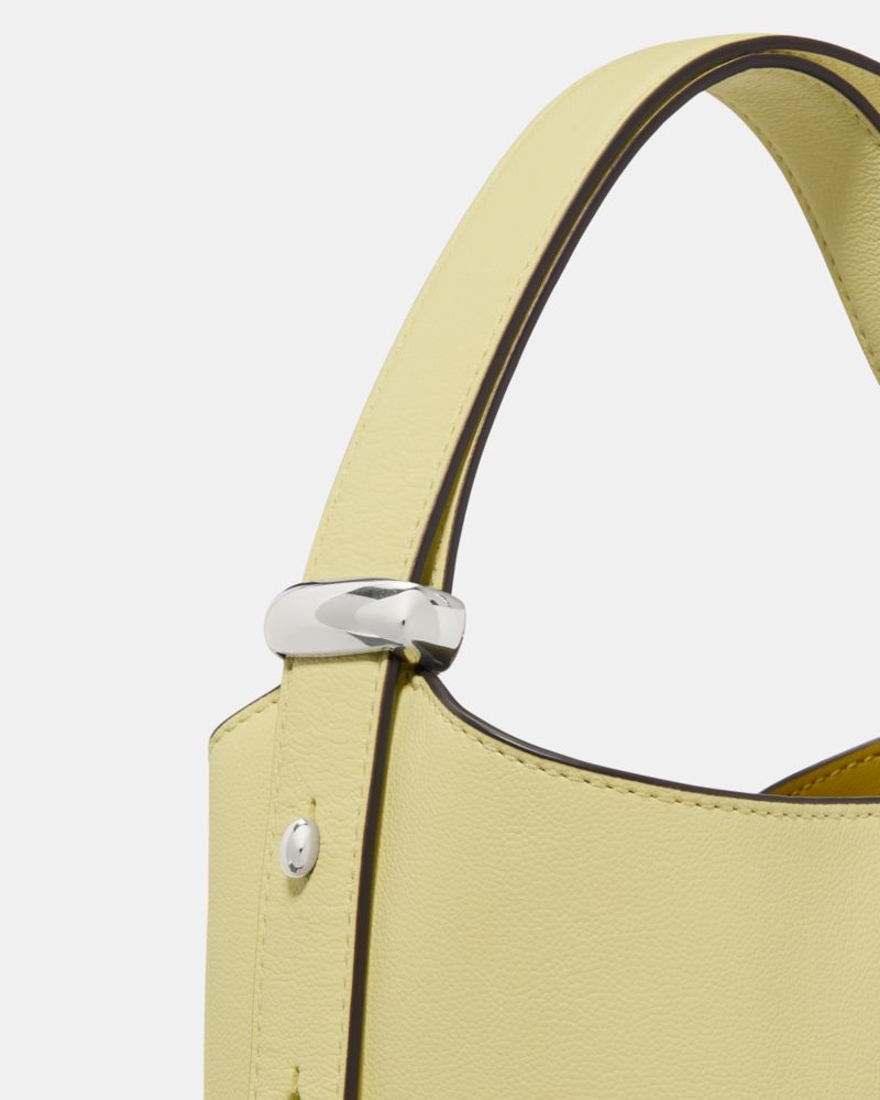 Kate Spade,Halo Mini Bucket Bag,Leather,Bucket,Embellished,Metal,Circle,Compact,Lined,Adjustable,Silver Metal,Day Party,