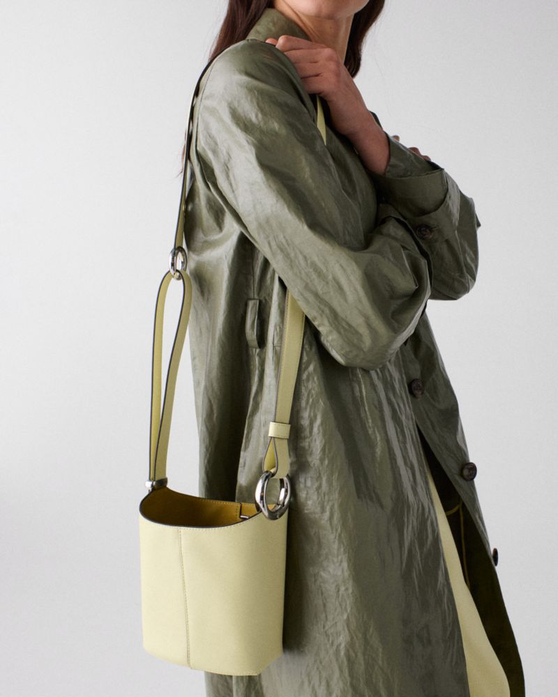 Kate Spade,Halo Mini Bucket Bag,Leather,Bucket,Embellished,Metal,Circle,Compact,Lined,Adjustable,Silver Metal,Day Party,