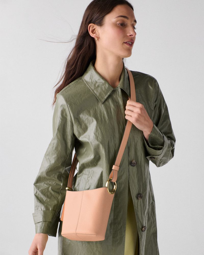 Kate Spade,Halo Mini Bucket Bag,Leather,Bucket,Embellished,Metal,Circle,Compact,Lined,Adjustable,Silver Metal,Day Party,