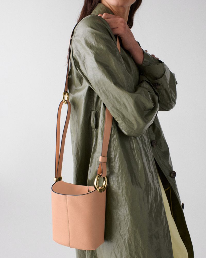 Kate Spade,Halo Mini Bucket Bag,Leather,Bucket,Embellished,Metal,Circle,Compact,Lined,Adjustable,Silver Metal,Day Party,