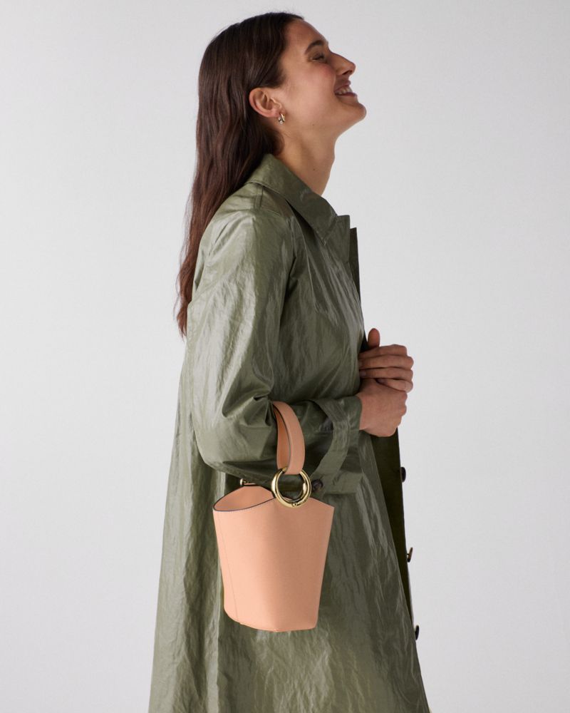 Kate Spade,Halo Mini Bucket Bag,Leather,Bucket,Embellished,Metal,Circle,Compact,Lined,Adjustable,Silver Metal,Day Party,