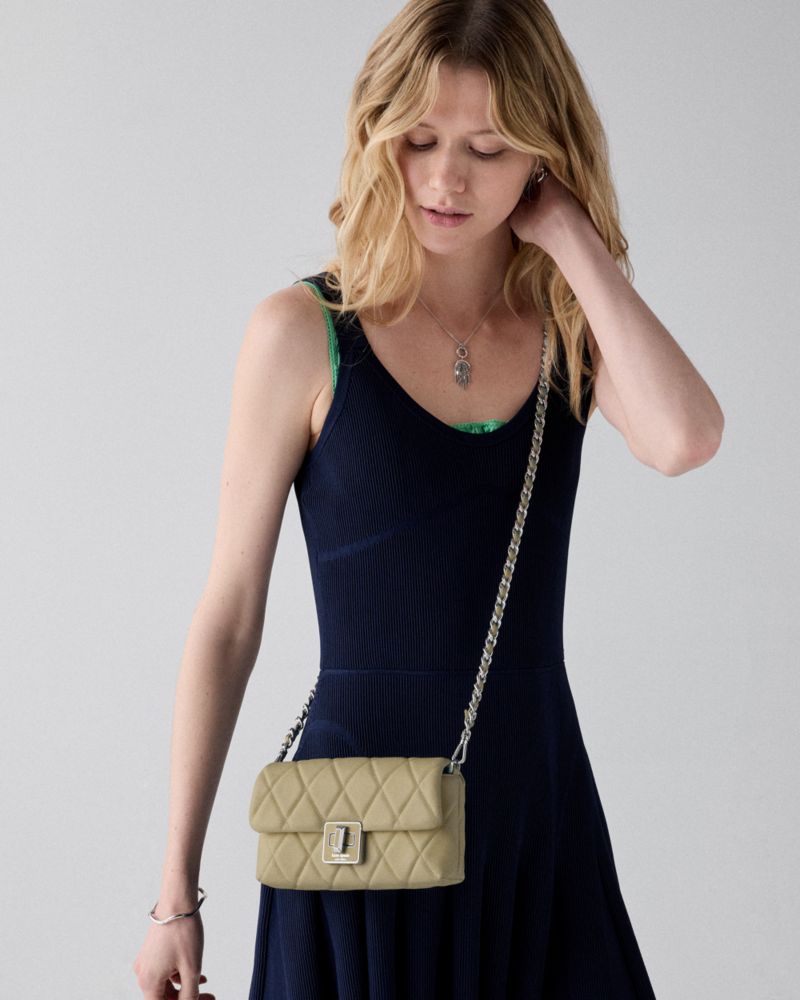 Kate Spade,Carey Quilted Mini Crossbody,Lining Leather,Leather,Crossbody,Chain Detail, Quilted, Logo, Gold Embellishment,C...,