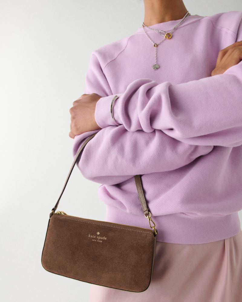 Kate Spade,Gemini Suede Convertible Wristlet,Suede,Wristlet,Shoulder Bag,Logo,Metal,Gold Metal,Day Party,Brown