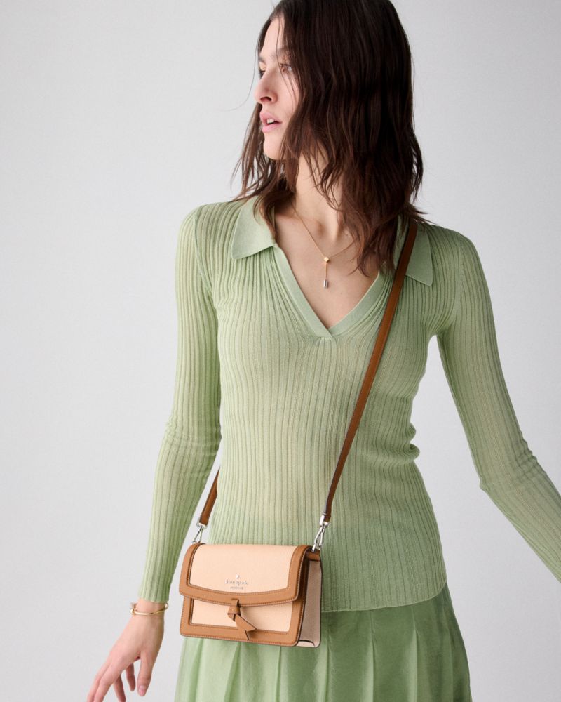 Kate Spade,Knott Mini Crossbody Bag,Leather,Crossbody,Piping,Knot,Adjustable,Compact,Lined,Gold Metal,Day Party,Multi Color