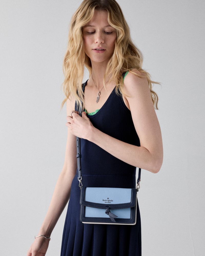 Kate Spade,Knott Mini Crossbody Bag,Leather,Crossbody,Piping,Knot,Adjustable,Compact,Lined,Gold Metal,Day Party,Blue