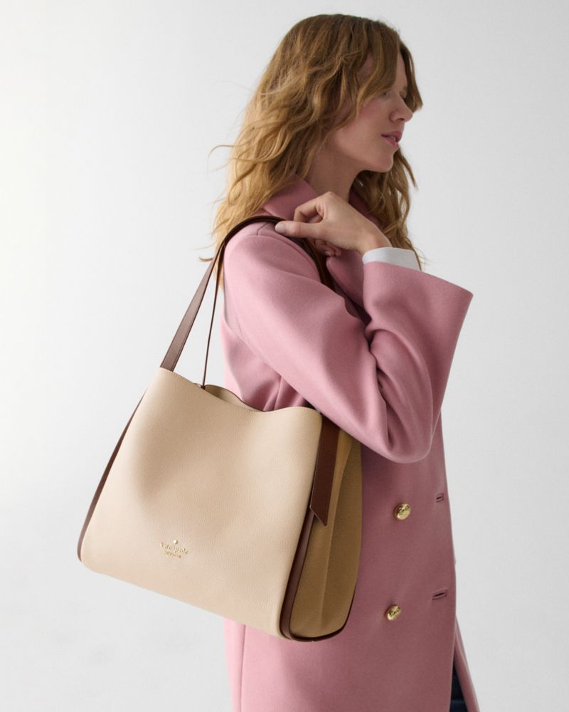 Kate Spade,Knott Colorblock Large Carryall,Leather,Lambskin,Bucket,Plastic,Knot,Piping,Lined,Gold Metal,Casual,Cream