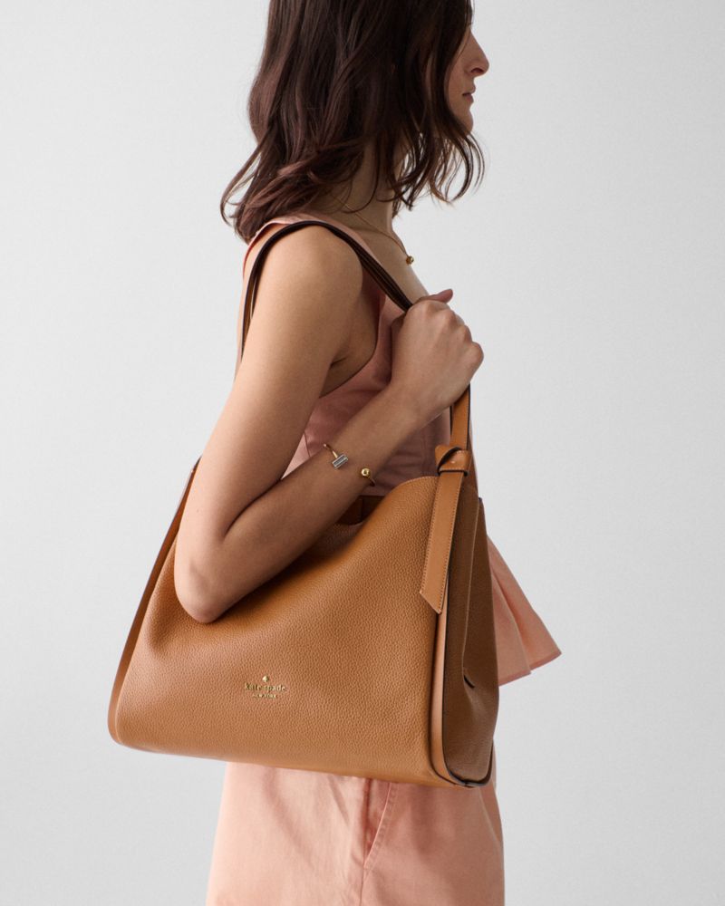 Kate Spade,Knott Large Carryall Bag,Leather,Lambskin,Bucket,Knot,Adjustable,Lined,Gold Metal,Casual,Brown