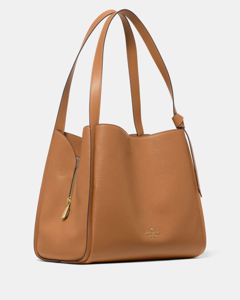 Kate Spade,Knott Large Carryall Bag,Leather,Lambskin,Bucket,Knot,Adjustable,Lined,Gold Metal,Casual,Brown