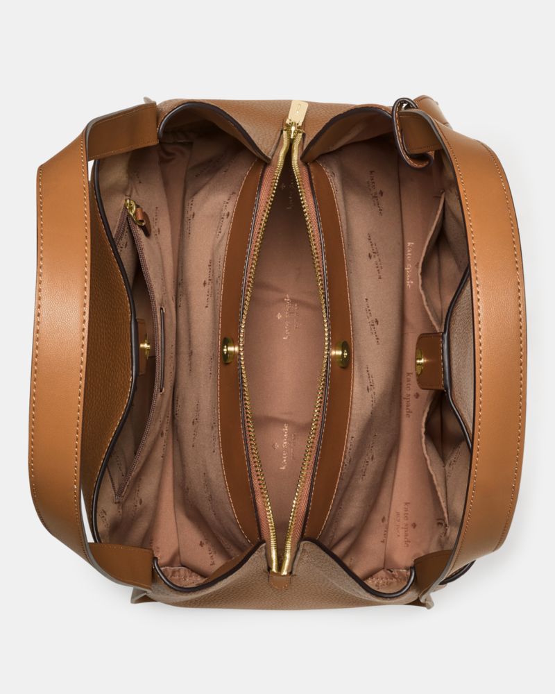 Kate Spade,Knott Large Carryall Bag,Leather,Lambskin,Bucket,Knot,Adjustable,Lined,Gold Metal,Casual,Brown