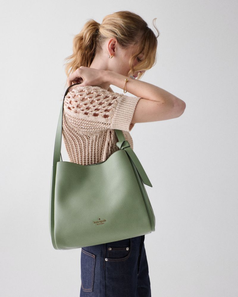 Kate Spade,Knott Large Carryall Bag,Leather,Lambskin,Bucket,Knot,Adjustable,Lined,Gold Metal,Casual,Green