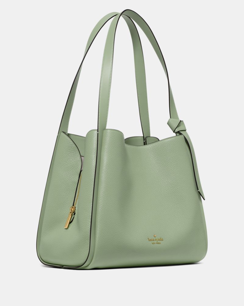 Kate Spade,Knott Large Carryall Bag,Leather,Lambskin,Bucket,Knot,Adjustable,Lined,Gold Metal,Casual,Green