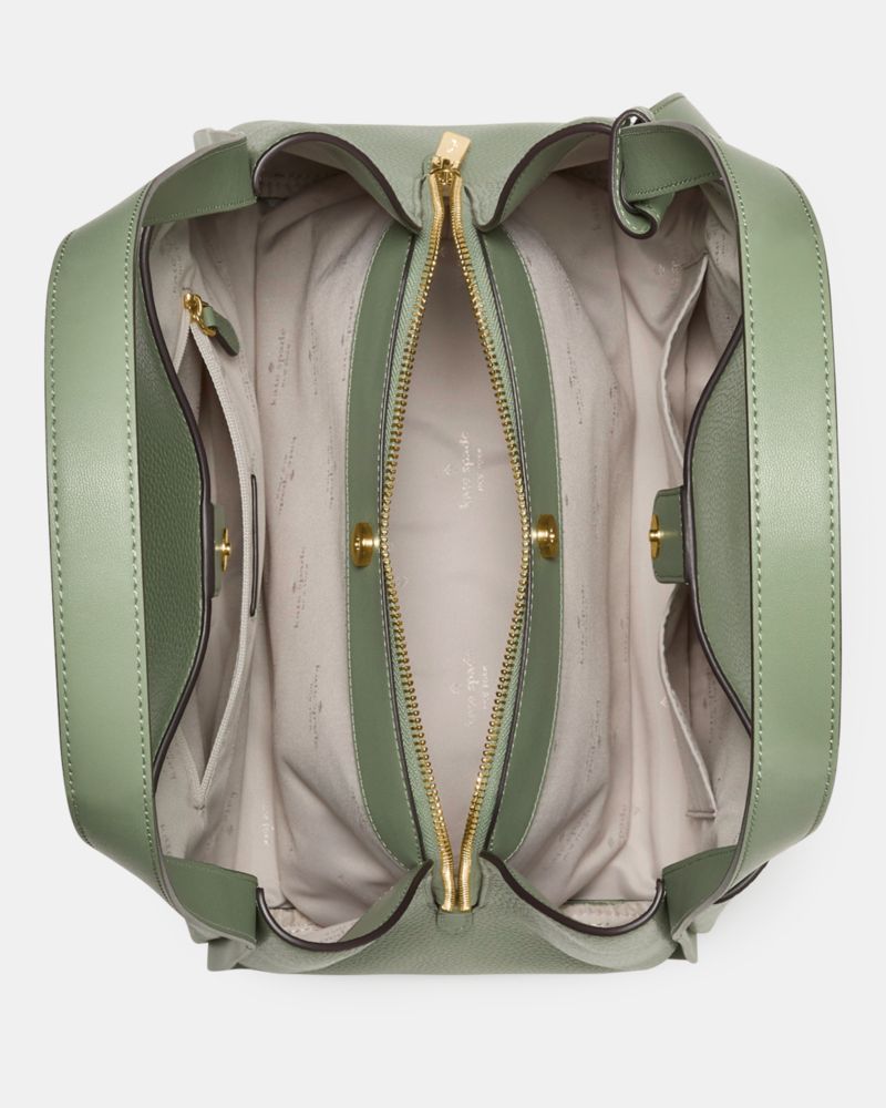 Kate Spade,Knott Large Carryall Bag,Leather,Lambskin,Bucket,Knot,Adjustable,Lined,Gold Metal,Casual,Green