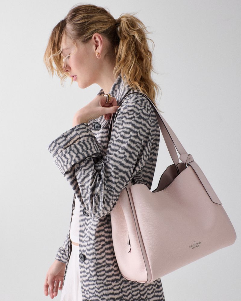 Kate Spade,Knott Large Carryall Bag,Leather,Lambskin,Bucket,Knot,Adjustable,Lined,Gold Metal,Casual,Pink