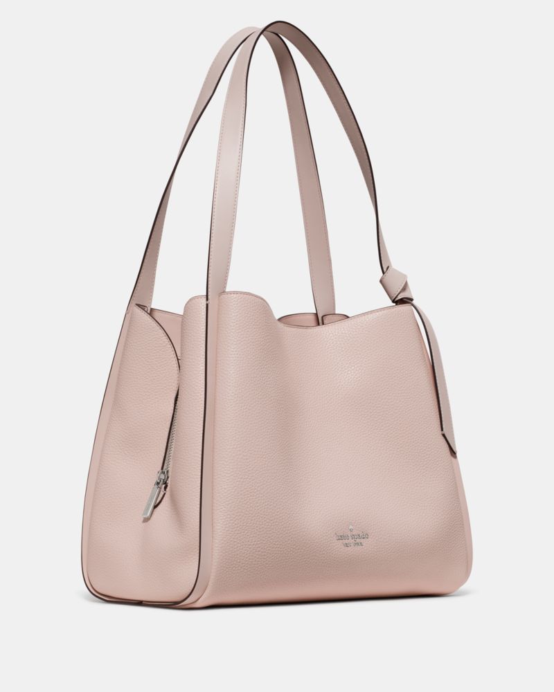 Kate Spade,Knott Large Carryall Bag,Leather,Lambskin,Bucket,Knot,Adjustable,Lined,Gold Metal,Casual,Pink