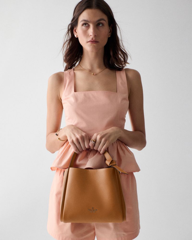 Kate Spade,Knott Carryall Bag,Leather,Lambskin,Mixed Media,Synthetic,Lining Lambskin,Bucket,Knot,Lined,Adjustable,Gold Met...,Brown