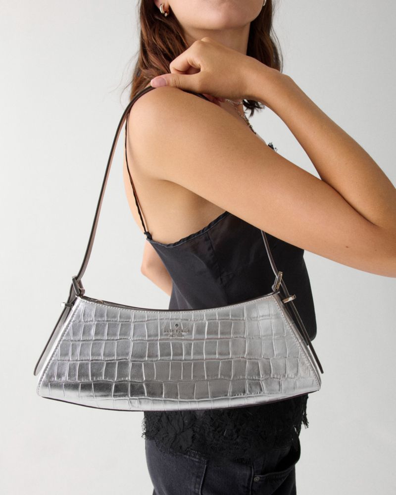 Kate Spade,Frankie Metallic Croc Embossed Small East West Shoulder,Silver