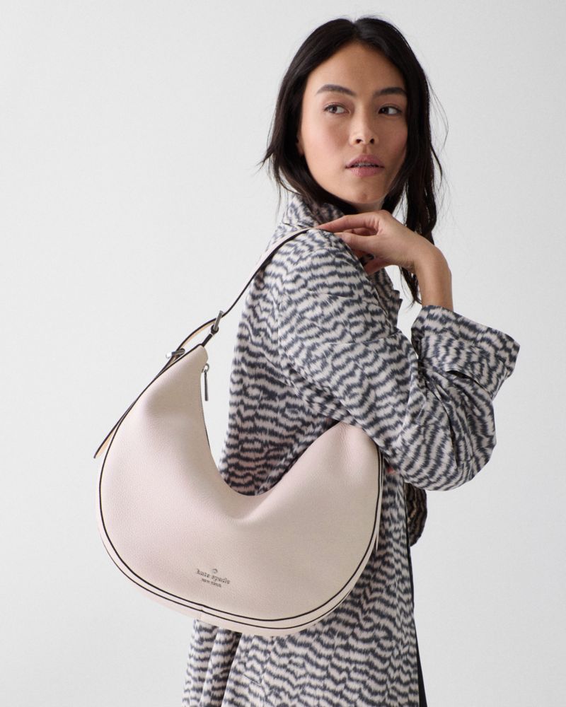 Kate Spade,Nova Large Shoulder Bag,Leather,Hobo,Metal,Logo,Adjustable,Gold Metal,Casual,Gray