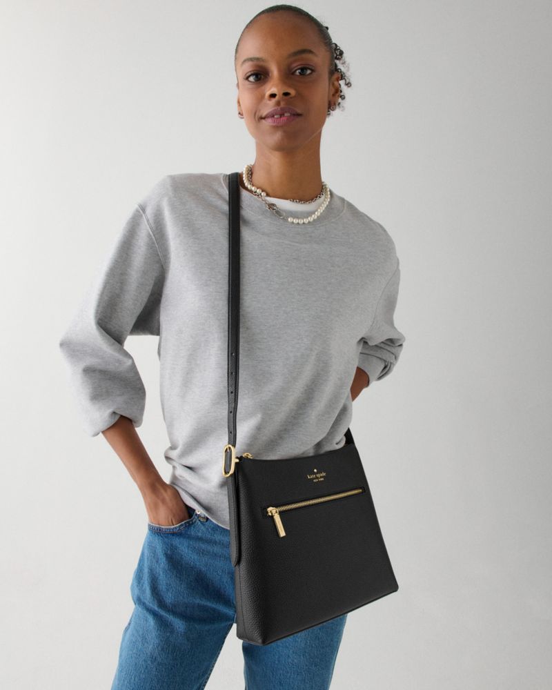 Kate Spade,454 Large Swingpack Buckle Crossbody,Sheepskin,Lambskin,Leather,Crossbody,Piping,Gold Metal,Casual,Black