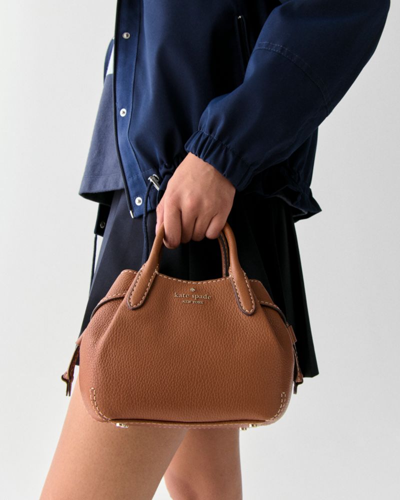 Kate Spade,Dumpling Mini Satchel,Leather,Bucket,Metal,Logo,Gold Metal,Work,Casual,Brown