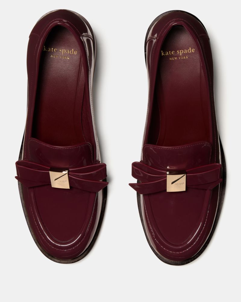 Kate Spade,Deco Bow Heeled Loafer,Leather,Lining Leather,Loafer,Pumps,Fabric,Wood,Metal,Embellished,Bow,Day Party,Maroon