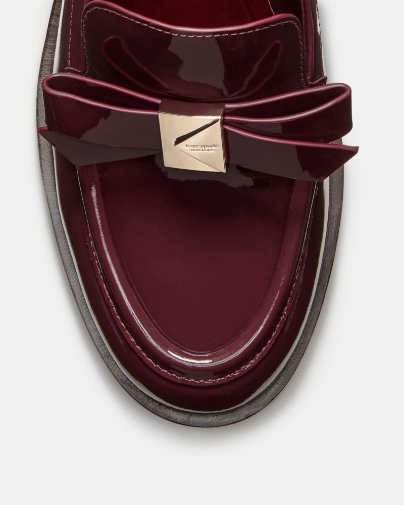 Kate Spade,Deco Bow Heeled Loafer,Leather,Lining Leather,Loafer,Pumps,Fabric,Wood,Metal,Embellished,Bow,Day Party,Maroon